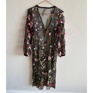Unbranded Womens Embroidered Floral Cover Up Long Dress Black Size Medium